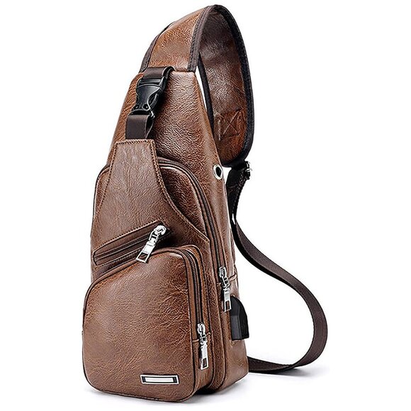 Leather Sling Bag Mens Crossbody Bag Chest Bag Sling Backpack , Light Brown